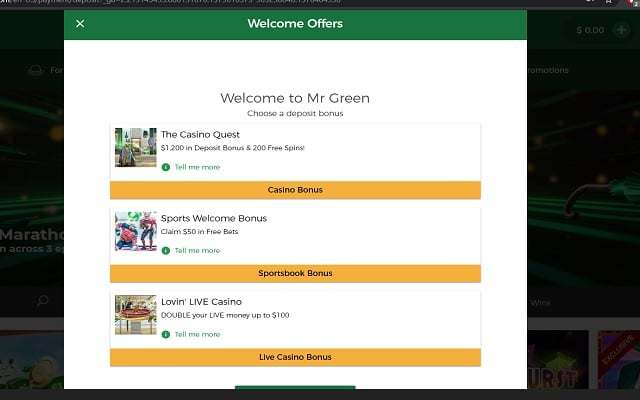 Mr Green Casino welcome bonuses