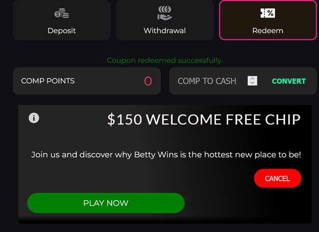 claim the betty wins no deposit bonus - step 2