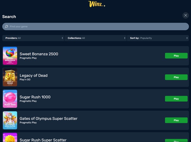 winz io casino games
